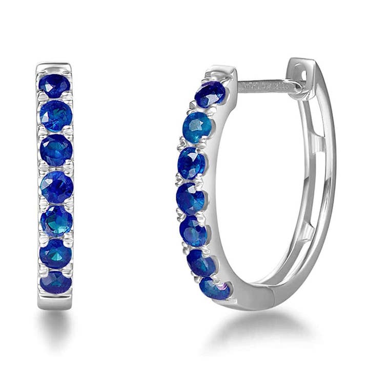 Aros tipo argolla de oro blanco de 14 k con zafiro azul FANCIME para venta al por mayor de Fanci Me Jewelry