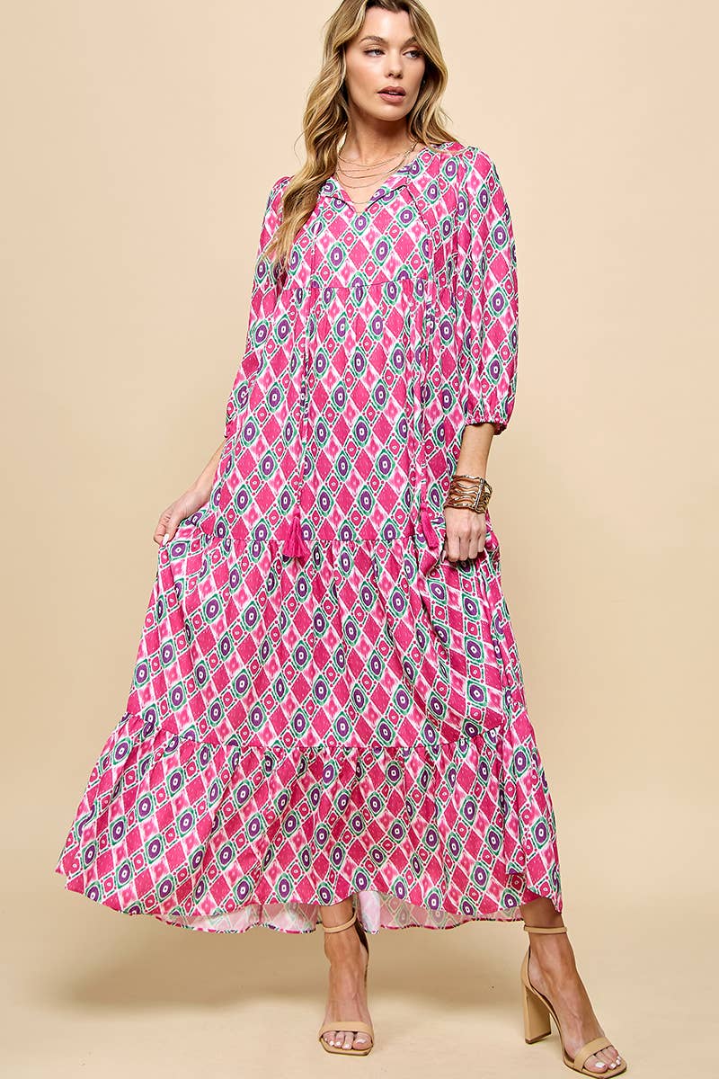 Cezele - Wholesale Dress - Women's - 3/4 Lantern Sleeve Print Boho Maxi Dress7