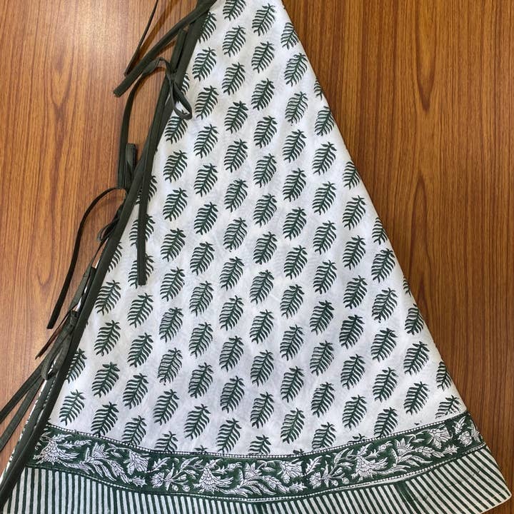 Juniper Green White Indian Leaf Print Christmas Tree Skirt for wholesale on Faire