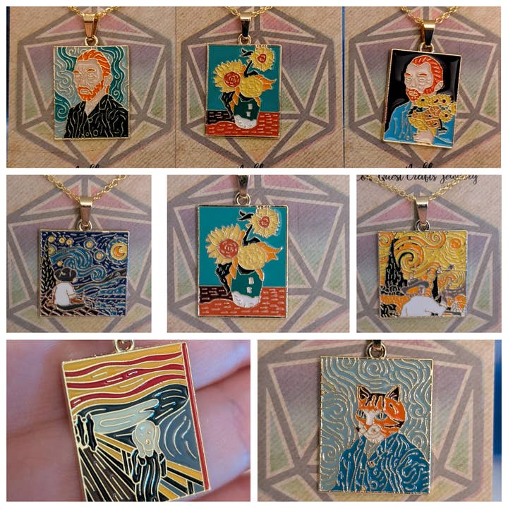 Collane con pendenti di dipinti classici ispirati ad artisti come Van Gogh per la vendita all'ingrosso da parte di Con-Quest Crafts