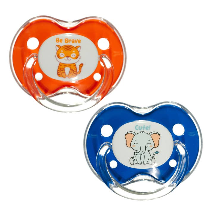 Binky® Orthodontic Pacifier With Snap On Cover - Wild and Cuddly Series - Elephant and Tiger for wholesale by Playtex