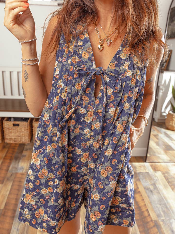 Floral Bow Tie V Neck Sleeveless Pleated Loose Denim Romper for wholesale by 1 the Woman