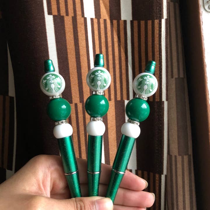 Amy Designs - Wholesale Pen - "Starbies" White and Green Starbucks Beaded Pen