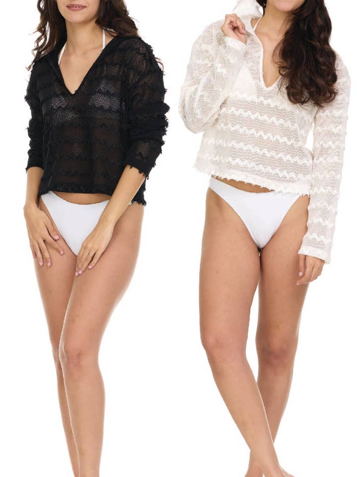 Sudadera con capucha cuadrada de malla con flecos en zigzag y hombros caídos. para venta al por mayor de Aruba Blue