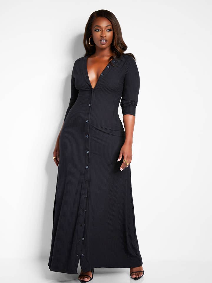 Devoted Ribbed Button Front Maxi A Line Dress - Black for wholesale by REBDOLLS