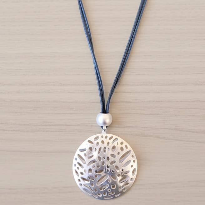 Sculpted Silver Pendant Cord Necklace | Statement Jewelry for wholesale by Bijoux Envie Statement Jewelry