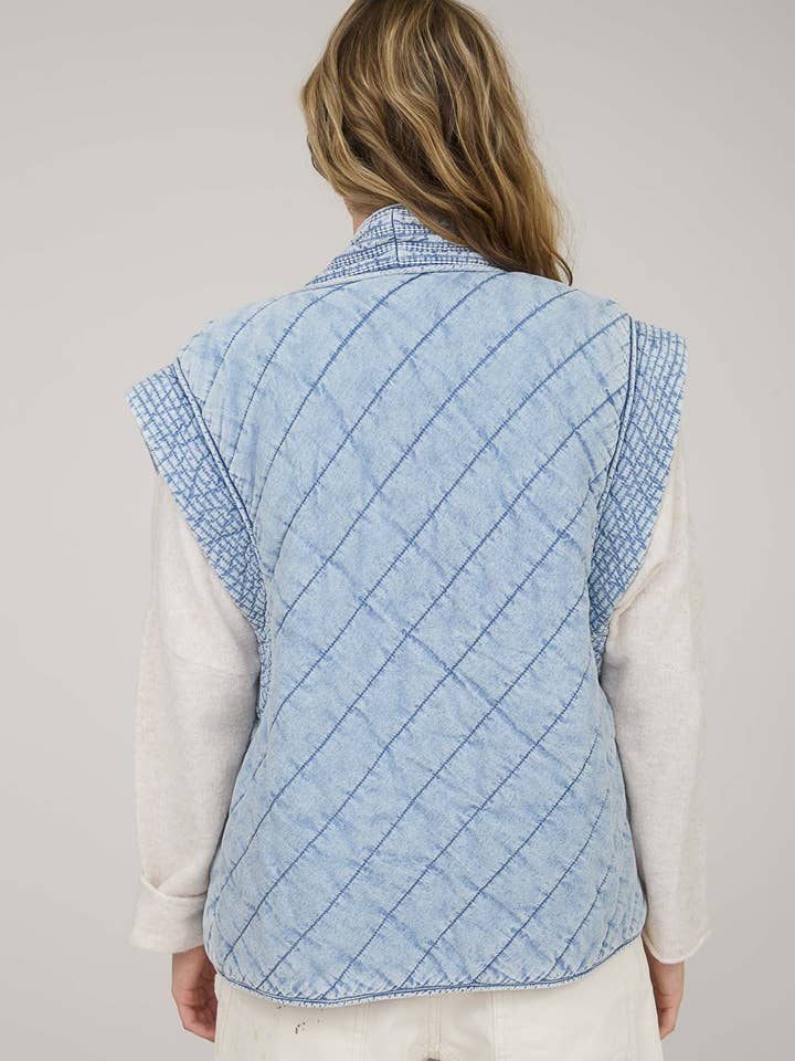 WASHED DENIM QUILTED SHAWL VEST for wholesale on Faire1