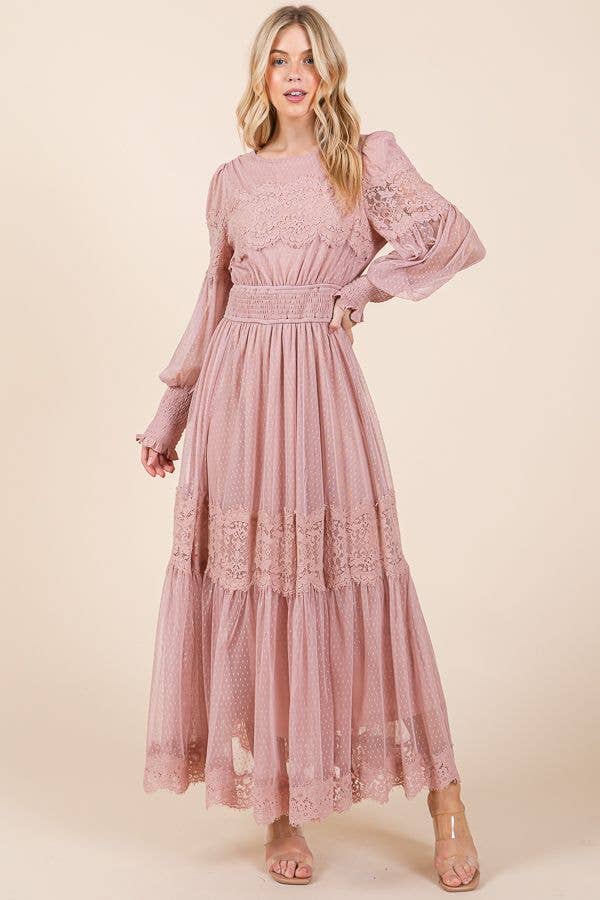 B I G H I T Fashion - Vendita all'ingrosso Vestito - Donna - Abito lungo maxi con maniche lunghe e dettagli in pizzo HD2384-BLUSH2