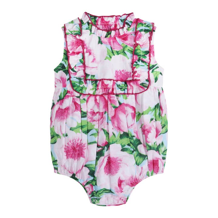 Pink Peony Ruffled Olivia Girl Romper for wholesale by LARILI