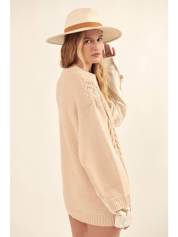 OATMEAL Solid Round Neck Oversize Cable Knit Sweater for wholesale on Faire