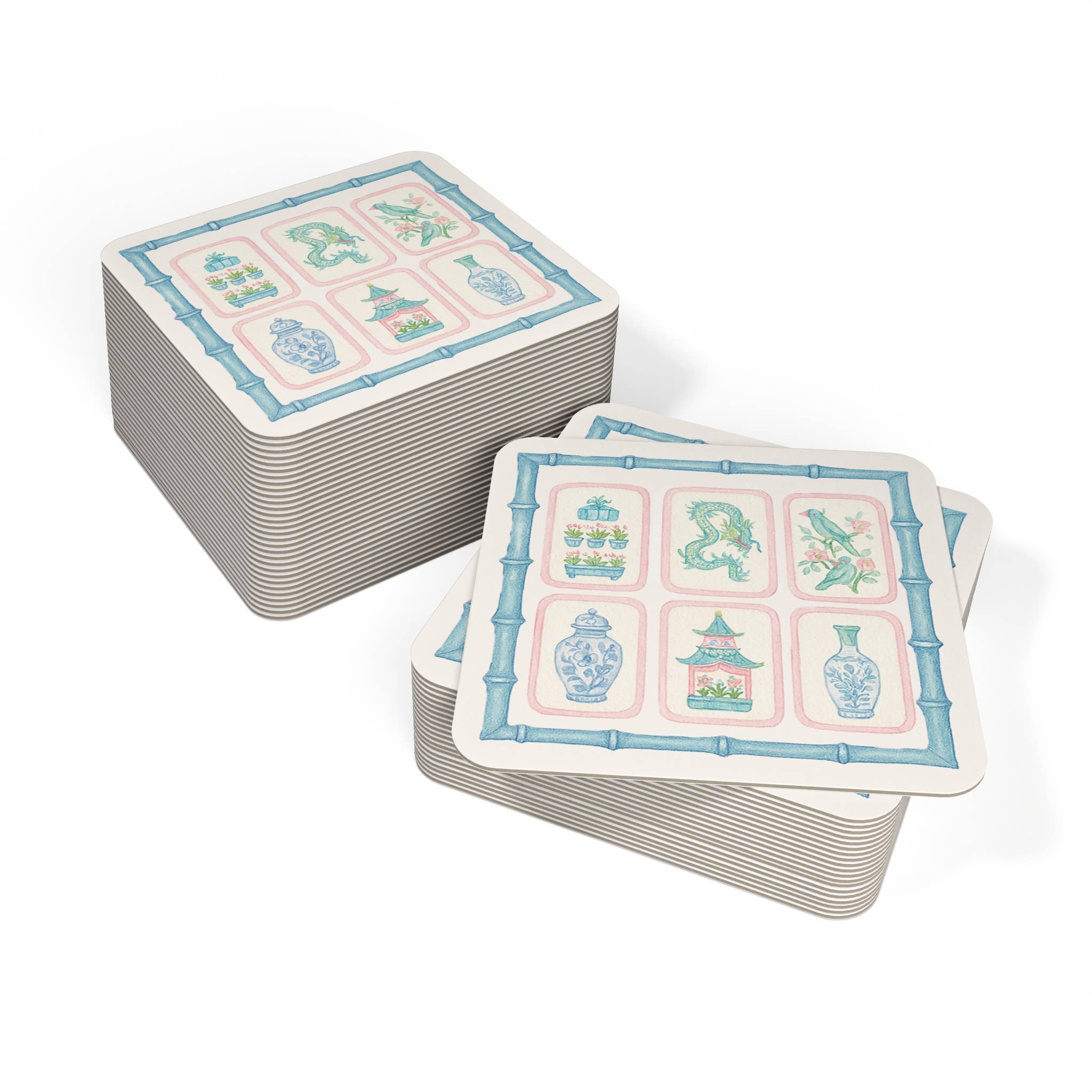 Design Carolinas - Wholesale Disposable Coasters - Mahjong Tile Pastel Chinoiserie Paper Coaster Set2