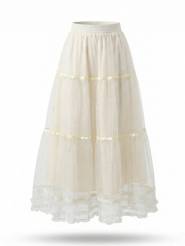 Romantisk aprikosfärgad prickig tårad tyll A-linjeformad midikjol för wholesale av CCIC New York