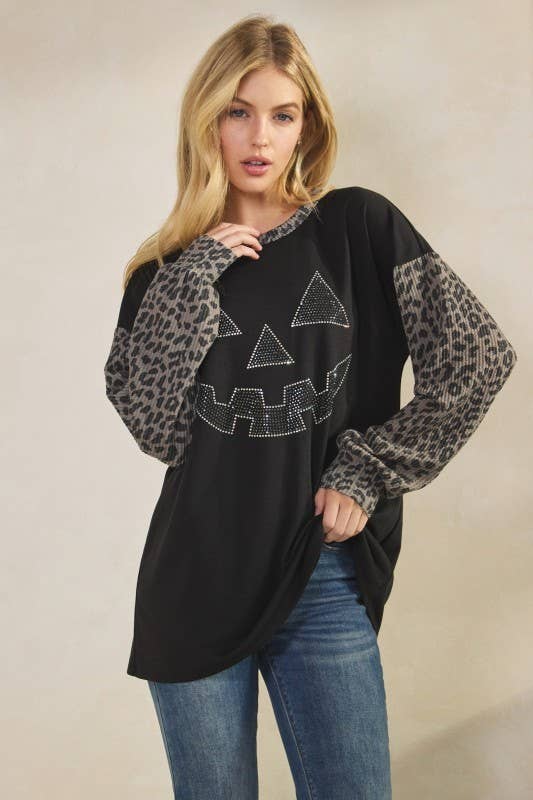 Sunday Morning - Wholesale Tunic - Women's - T0677HE12-Rhinestone Pumpkin Animal Contrast Top5