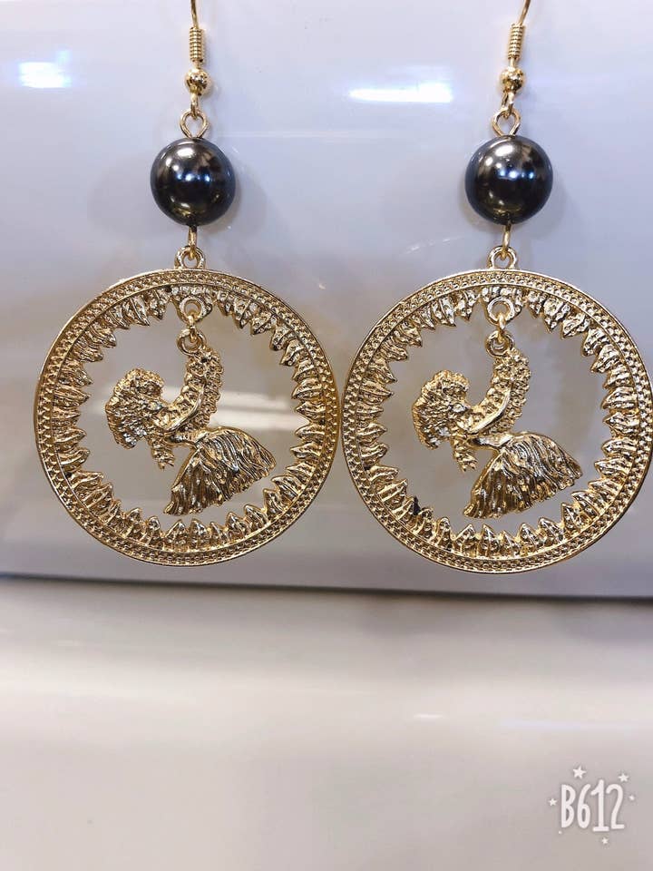 Hawaii Hula Dancing Girl earrings: Hamilton Gold Earring with Shell Pearls for wholesale by Anela's Jewelry