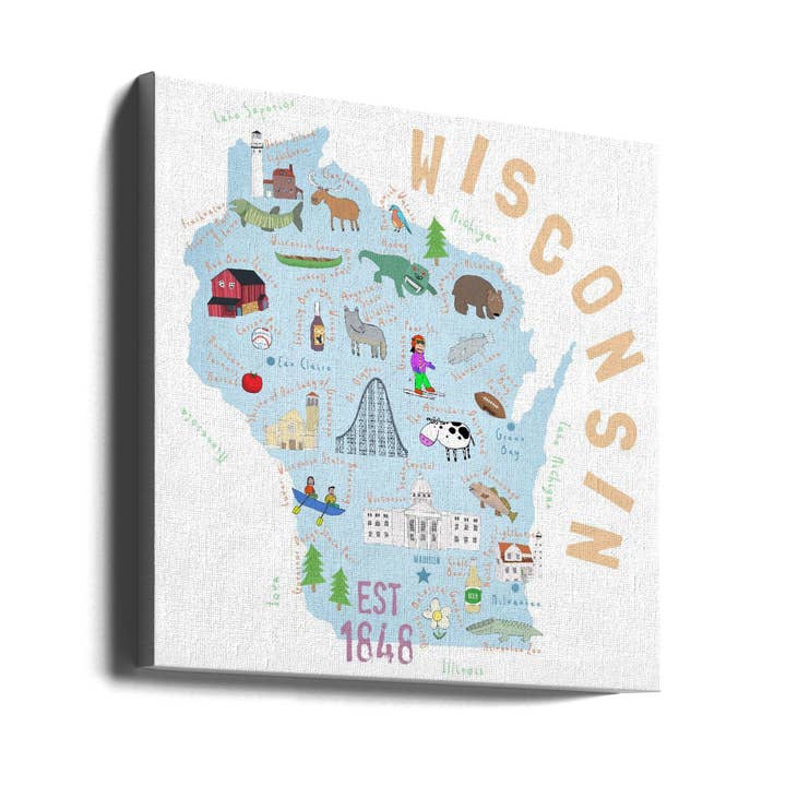 Wall art Wisconsin State Illustrated by Map Artist Carla Daly for wholesale by GTA ART