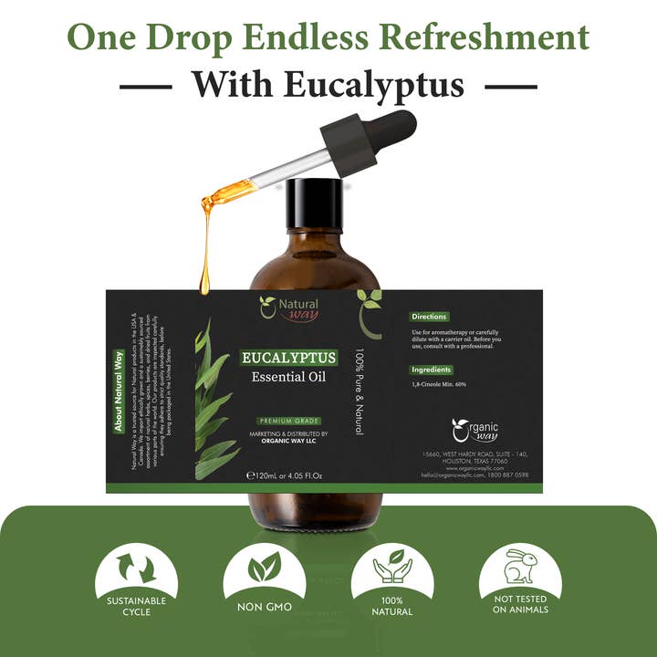 Organic Way LLC - Wholesale Essential oil - Natural Way Eucalyptus Essential Oil | Premium Grade Essential Oils for Hair Care, Oil for Skin, Aromatherapy, & Diffuser | Essential Oil for Skin Tag Remover, Massage Oil & Humidifier Use | 4 Fl Oz (120 mL)5