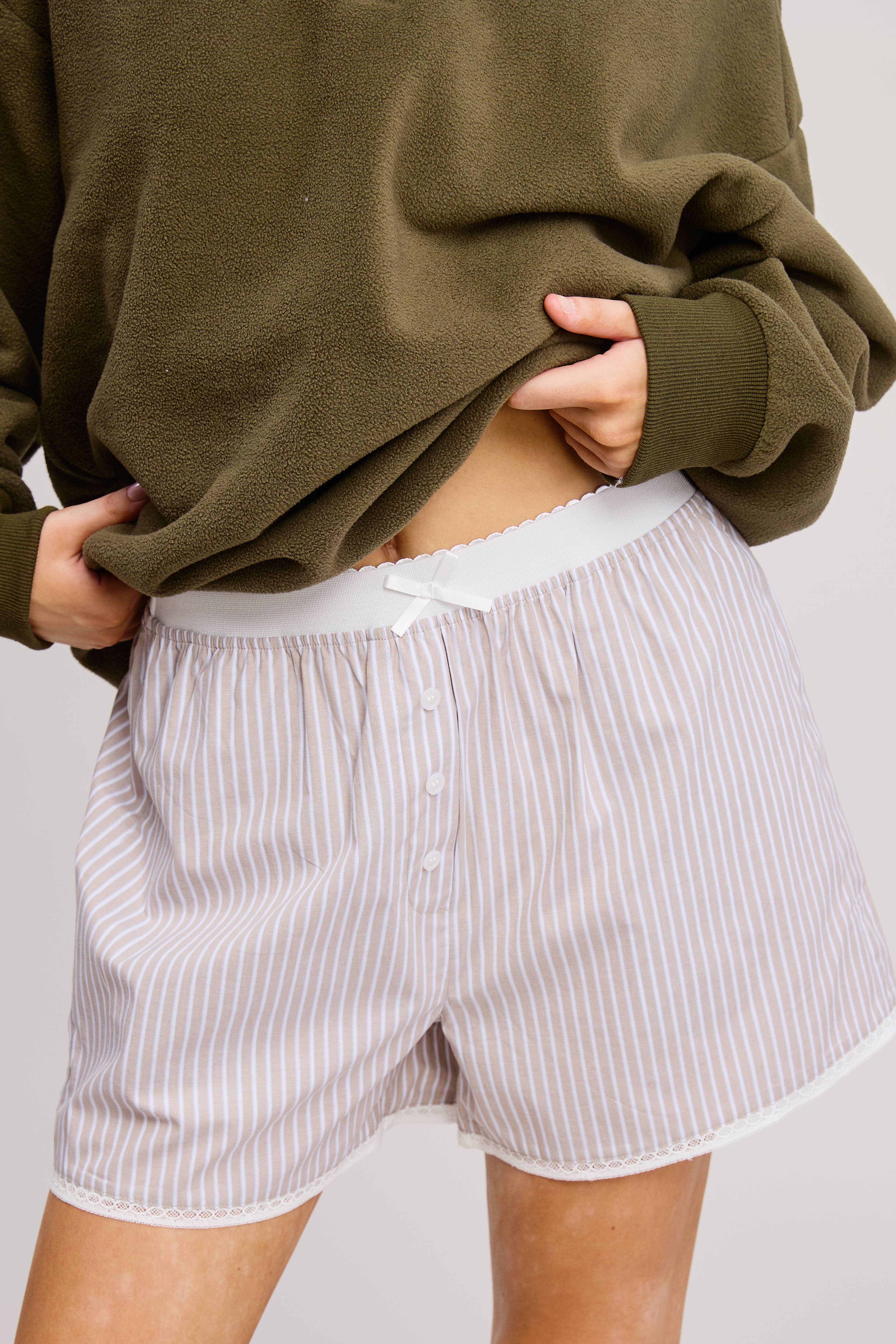 Mimosa - Wholesale Shorts - Women's - Scalloped Lace Hem Striped Boxer Style Shorts13