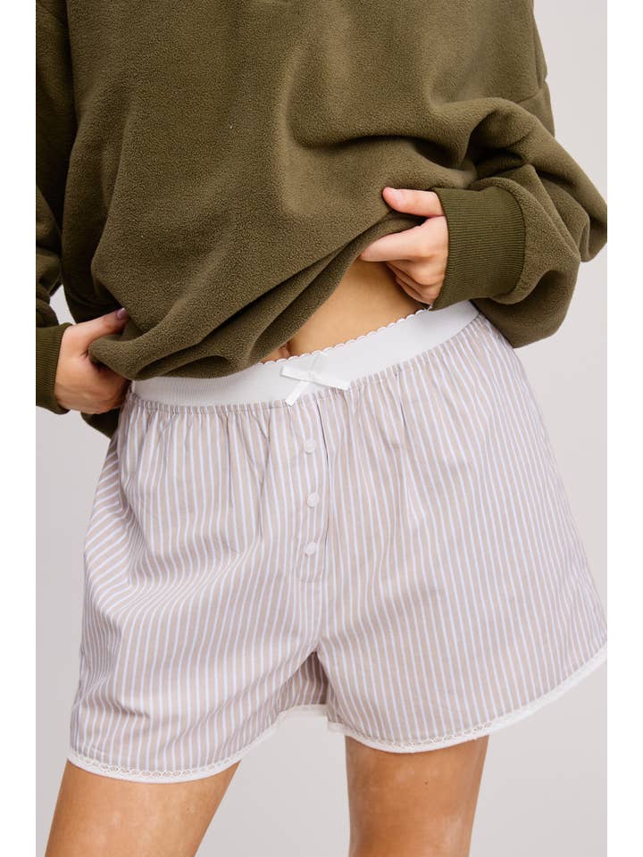 Mimosa - Wholesale Shorts - Women's - Scalloped Lace Hem Striped Boxer Style Shorts13