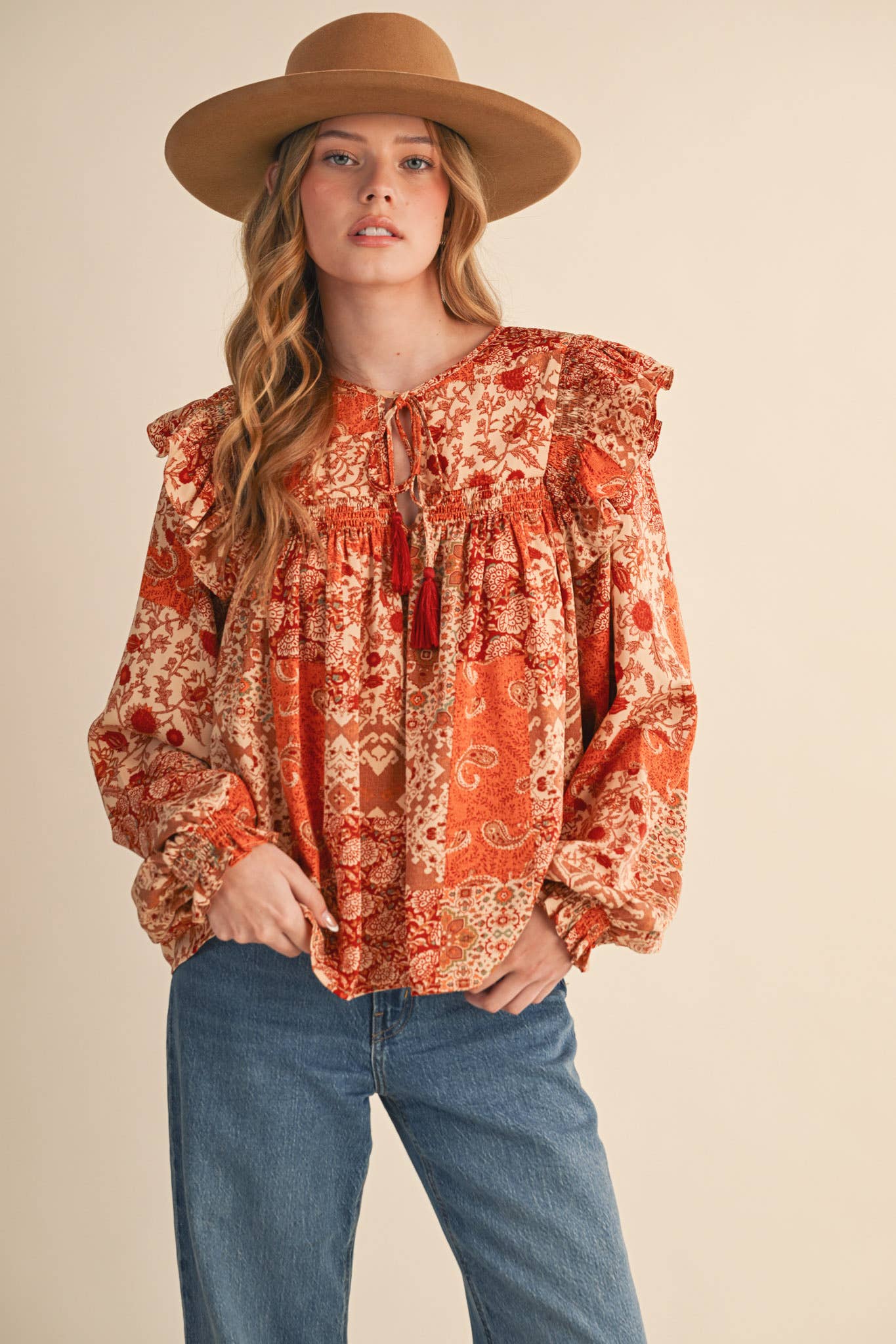 &MERCI - Wholesale Blouse - Women's - PATCHWORK PRINT SMOCKED RUFFLE BLOUSE MTP43508