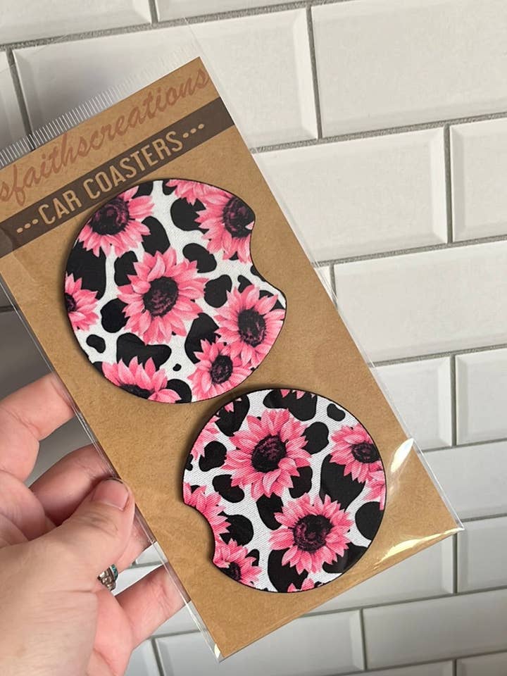 Set de posavasos para coche con estampado de girasoles y vacas rosas para venta al por mayor de Itsfaithscreations