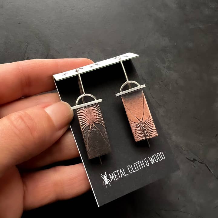 Metal Cloth & Wood - Wholesale Dangle Earrings - Handmade House Centipede Insect Earrings in Copper & Sterlin