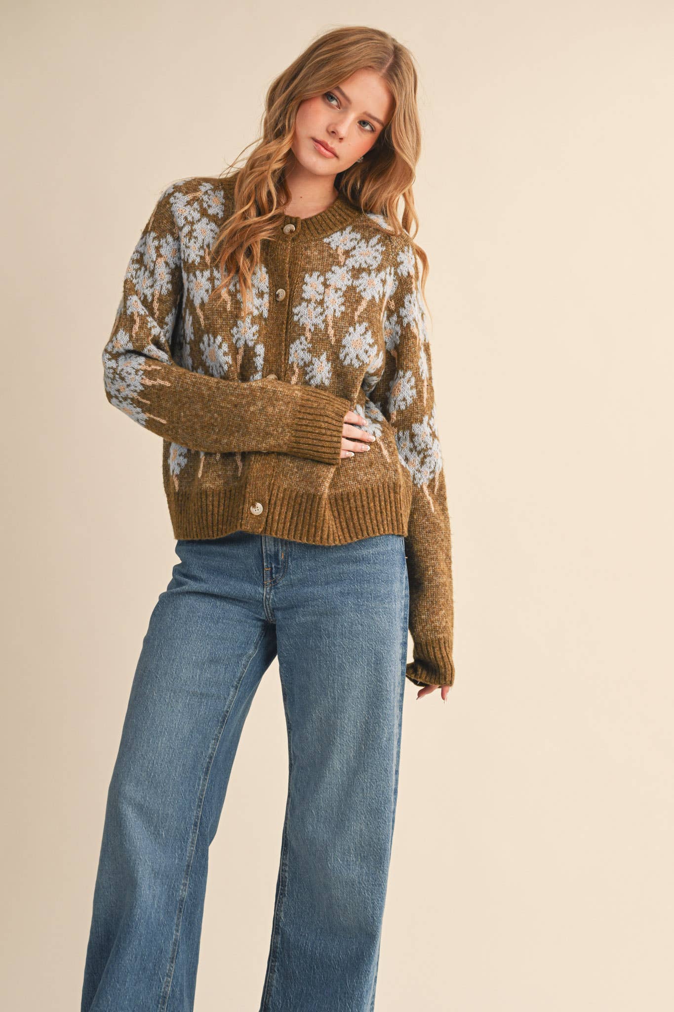 &MERCI - Wholesale Cardigan - Women's - FLORAL KNIT BUTTON DOWN SWEATER CARDIGAN MSW1123854