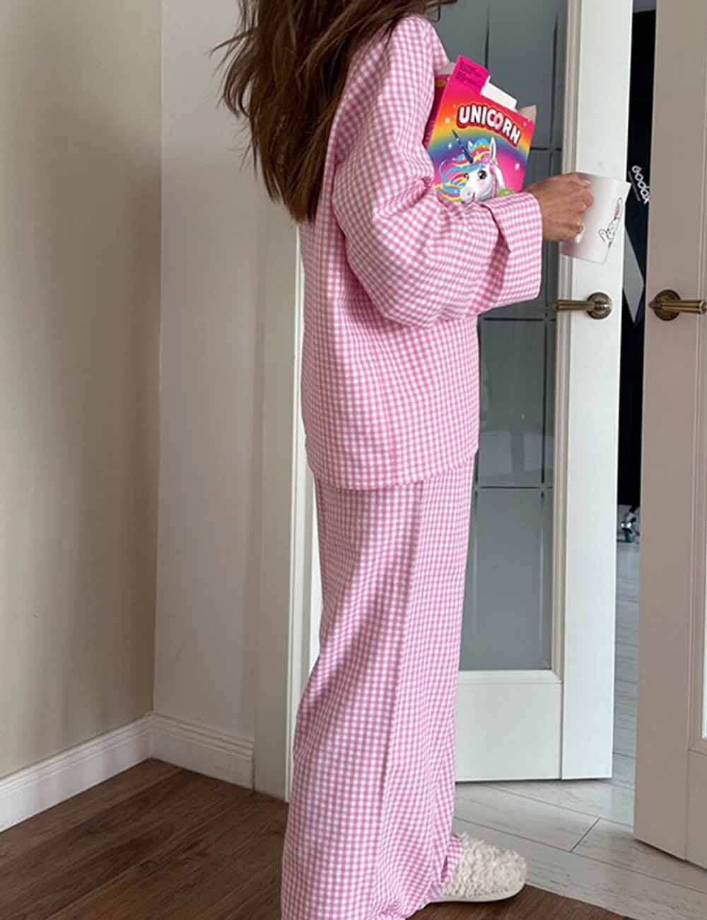 Dipped Shop - Vendita all'ingrosso Completo pigiama - Donna - Set Pigiama a Maniche Lunghe con Contrasto di Colore a Quadri DP25F8811