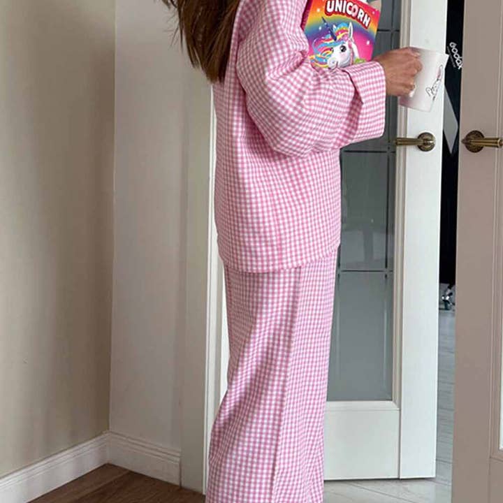 Dipped Shop - Vendita all'ingrosso Completo pigiama - Donna - Set Pigiama a Maniche Lunghe con Contrasto di Colore a Quadri DP25F8811