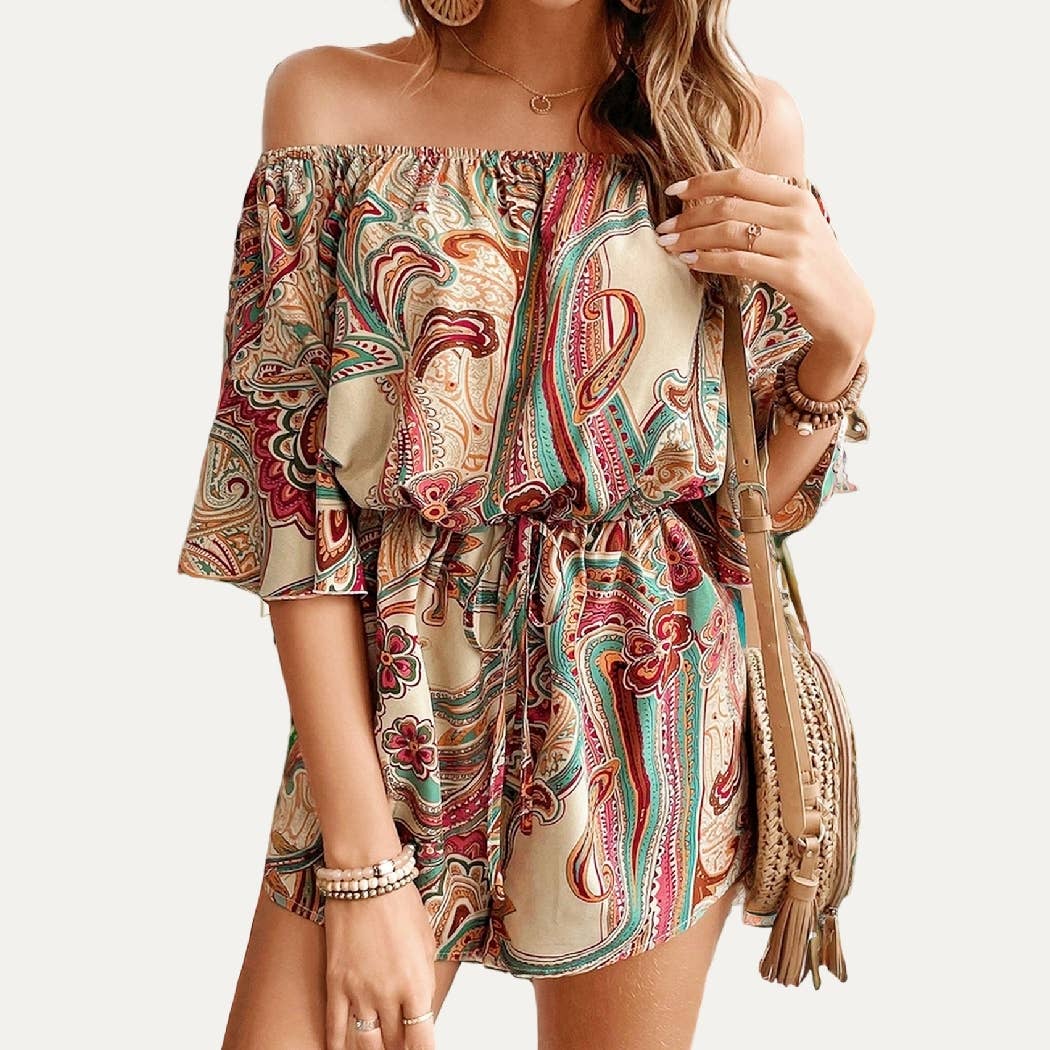 APRICOT YELLOW Bohemian Print Off-The-Shoulder Short Sleeve Summer Romper for wholesale on Faire6