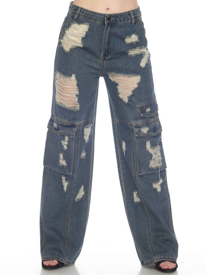 Medium Blue High Waisted Relax Cargo Jeans for wholesale on Faire