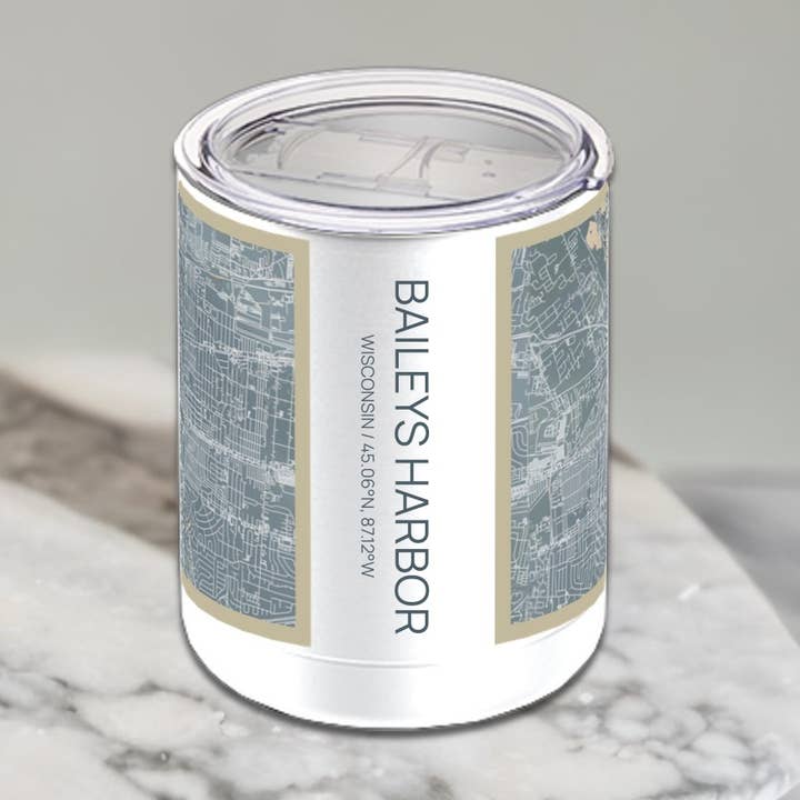 Baileys Harbor WI Map Insulated Cup in Afternoon for wholesale by JACE.design