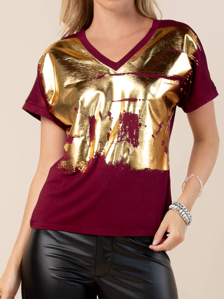 Nylon Apparel - Wholesale Blouse - Women's - T1639-Carmella-Solid Foil V Neck Short Sleeves Top