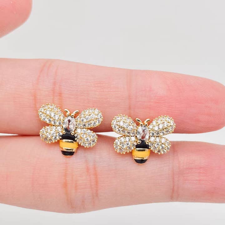 Mio Queena - Wholesale Stud/Post Earrings - Enamel Bees Stud Earrings Inlaid with Cubic Zirconia