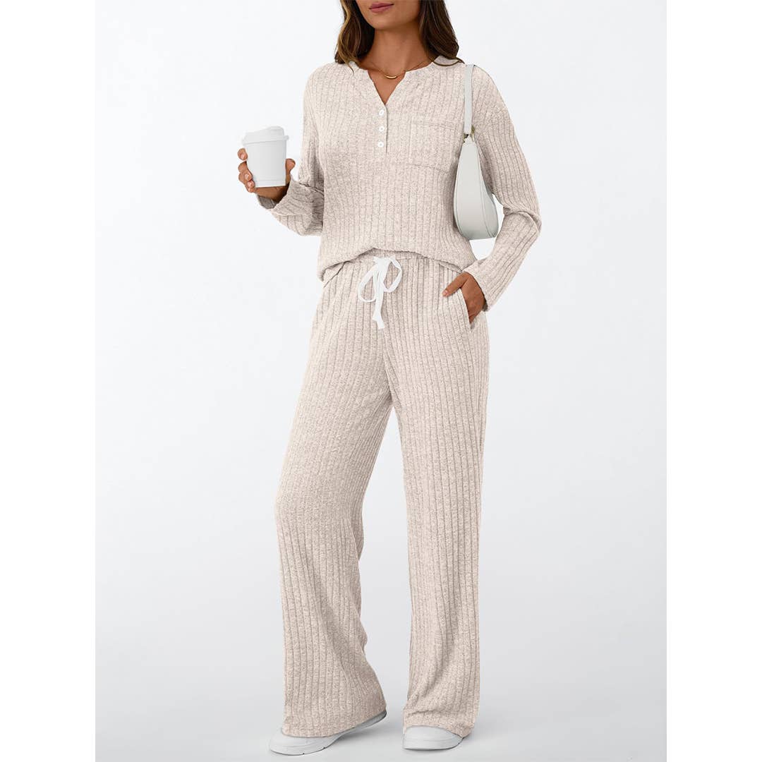 UNISHE - Vente Ensemble de vêtements d'intérieur – femme - Ensemble de pyjama à manches longues côtelées avec boutons et pantalon AXY0392