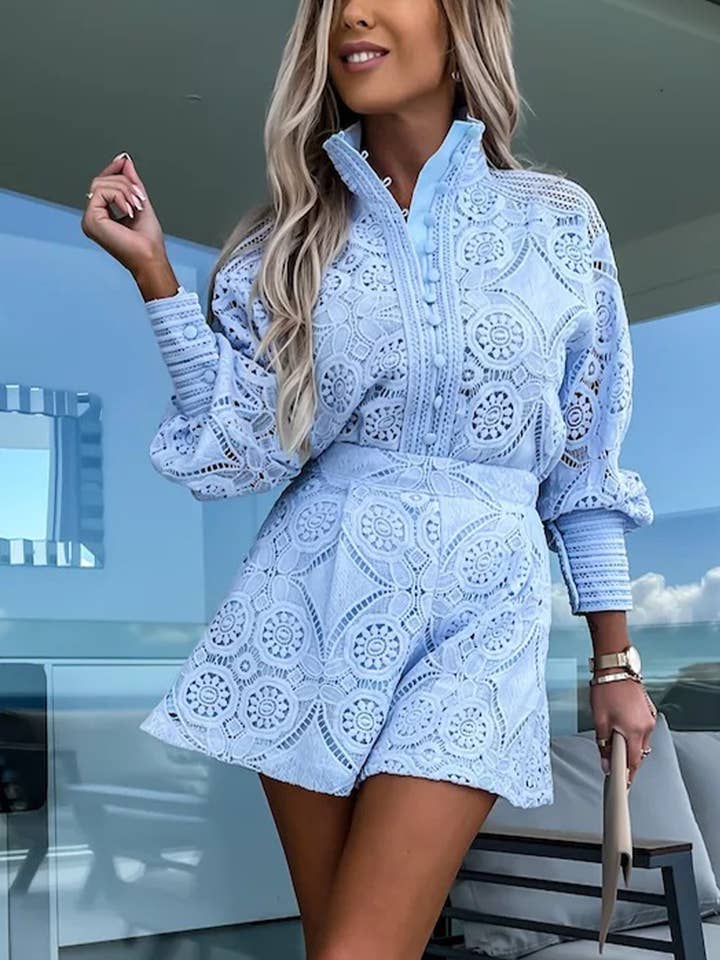 Lily Clothing - Wholesale Top & Short Set (NOT Loungewear) - Women's - SINGLE BREASTED STAND COLLAR LACE SHORTS SUIT5