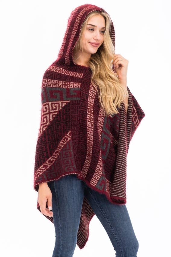 Cap Zone - Vente Poncho – femme - Poncho à capuche en faux angora Greek Key1