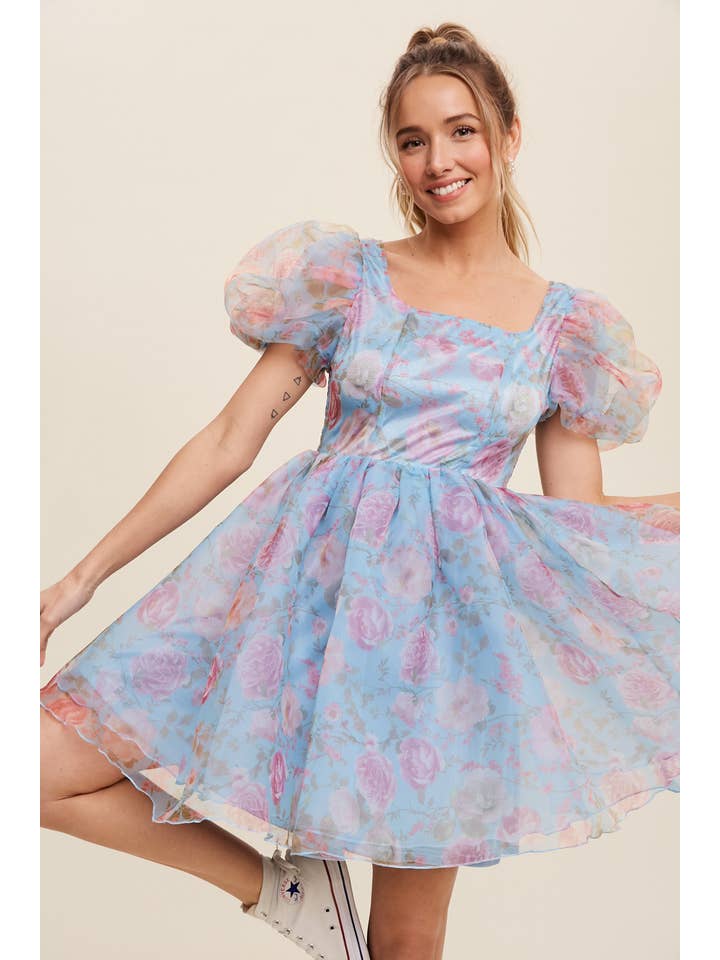 Listicle - Wholesale Dress - Women's - Floral Puff Sleeve Organza Mini Dress2