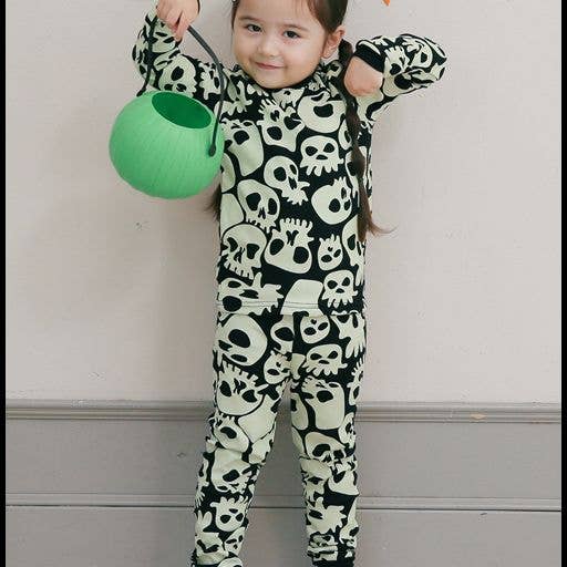Black Skull Boom Halloween Cotton Long Sleeve PJs for wholesale on Faire2