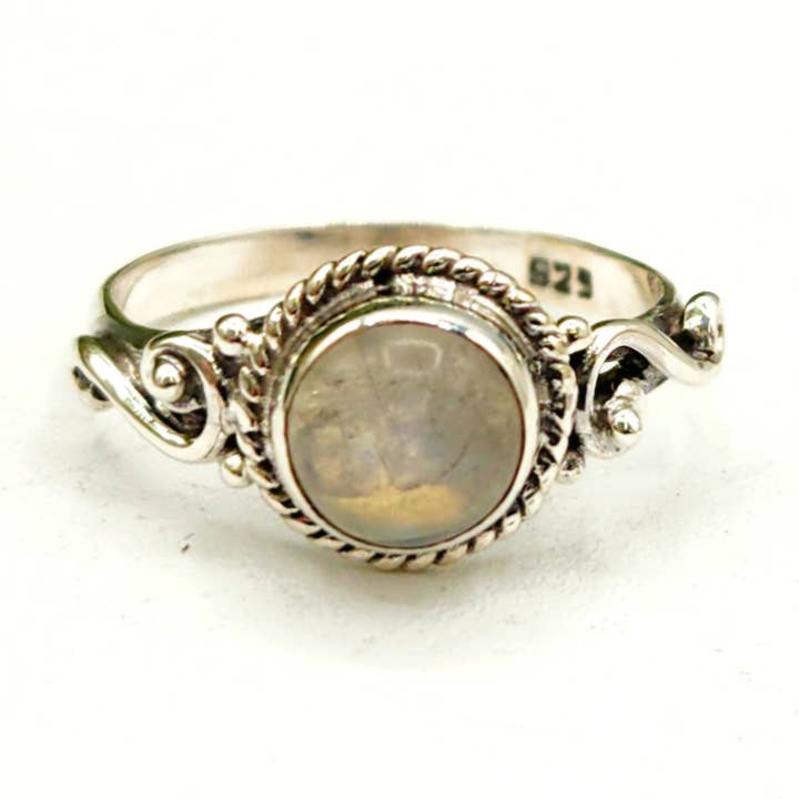 Meraki Gemstones - Vendita all'ingrosso Anelli con pietra singola/solitario - Anello in argento sterling 925 con pietra semipreziosa di pietra di luna arcobaleno da 8 mm0