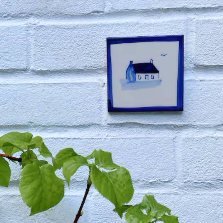 Elspeth Gardner Ceramics - Wholesale Wall Tile - Hand Painted delft style tile Puffer/Fishing boat 2 size opt