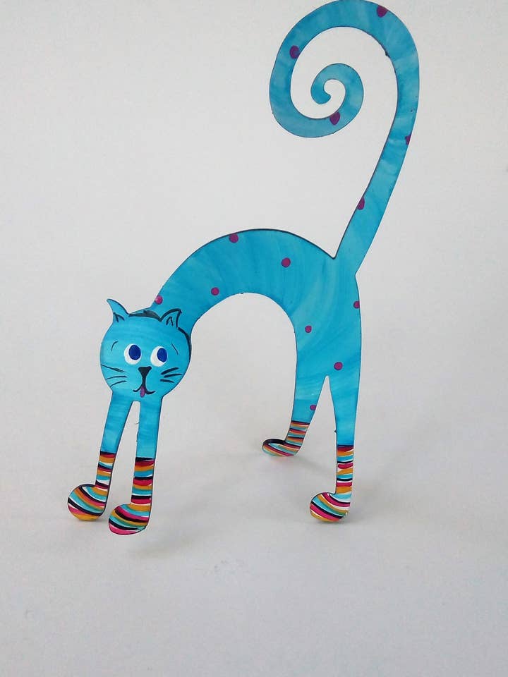 Cat In Socks Hand Painted Steel Sculpture Scaredy Cat for wholesale by Octopus Adventure by Rebecca Duffy Bush
