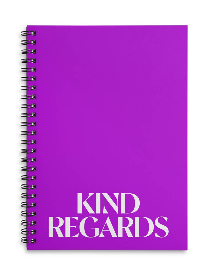 Kind Regards purple A4 or A5 wire bound notebook Choice of Hard or Soft Cover. for wholesale by Dottie Wombat