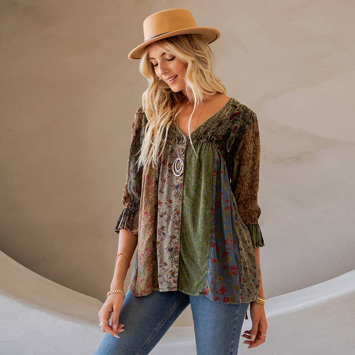 Young Threads - Wholesale Tunic - Women's - Vintage Bohemian : Patchwork Velvet Top (New Color)0