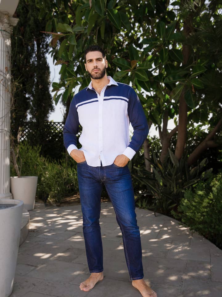 Camicia casual a blocchi di colore multicolore 100% lino a maniche lunghe per la vendita all'ingrosso da parte di MOJITO COLLECTION