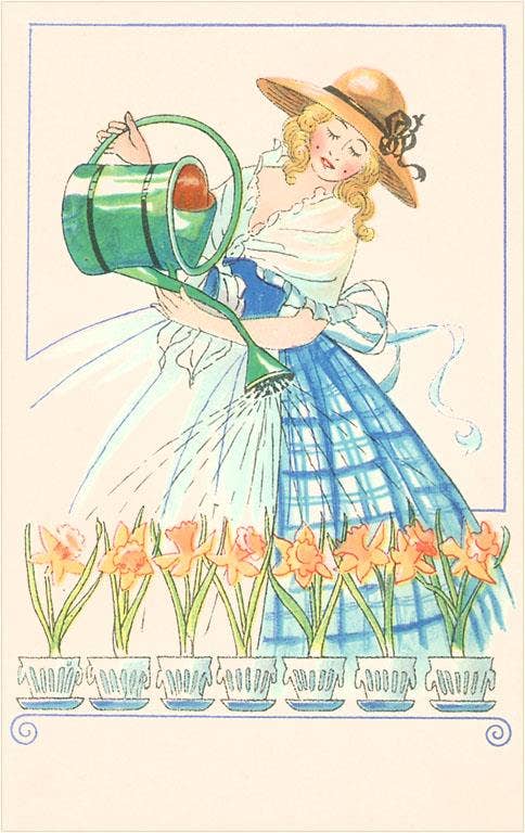 Found Image Press - Wholesale Postcard - Postcard GD-61 Costumed Woman Watering Daffodils0