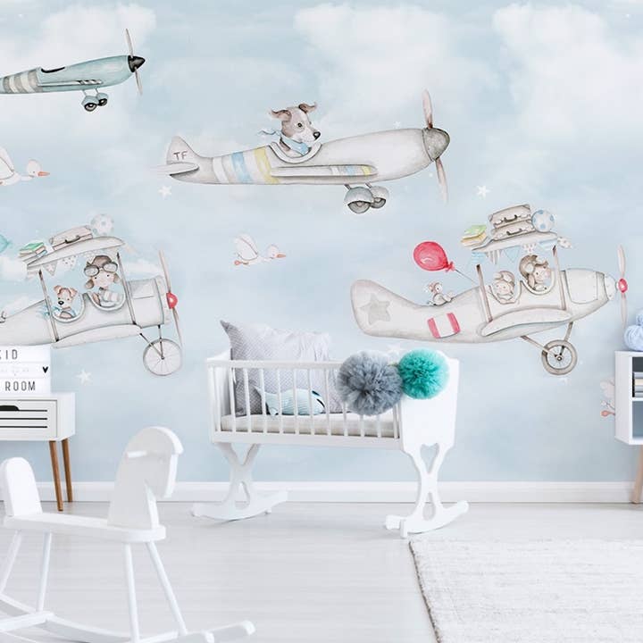 Cartoon Aircraft Sky Landscape Removable Kids Wallpaper for wholesale by GK Home Decor