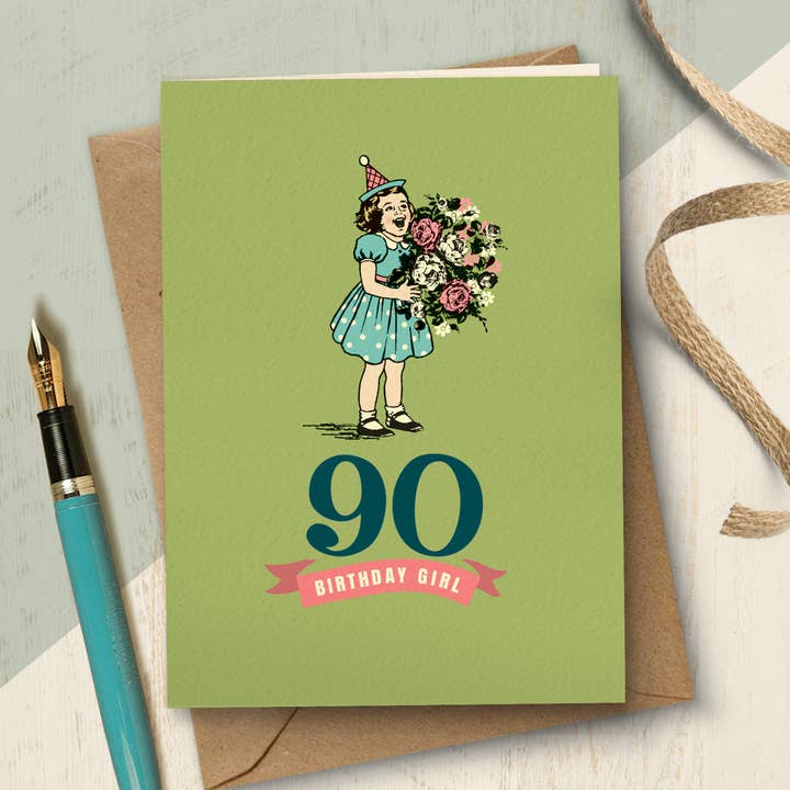 Carte 90e anniversaire YAH290, fille d'anniversaire 90 ans pour la vente par The Typecast Gallery