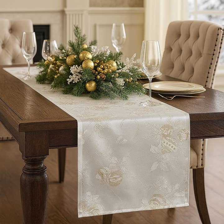 Ivory Royal De Noel Jacquard Table Runner for wholesale by Fennco Styles