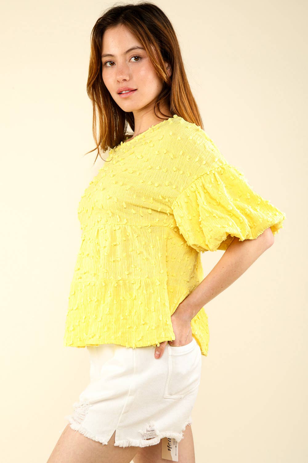 VERY J - Venta al por mayor Blusa - Mujer - Blusa babydoll de punto con pompones arrugados y mangas abullonadas14