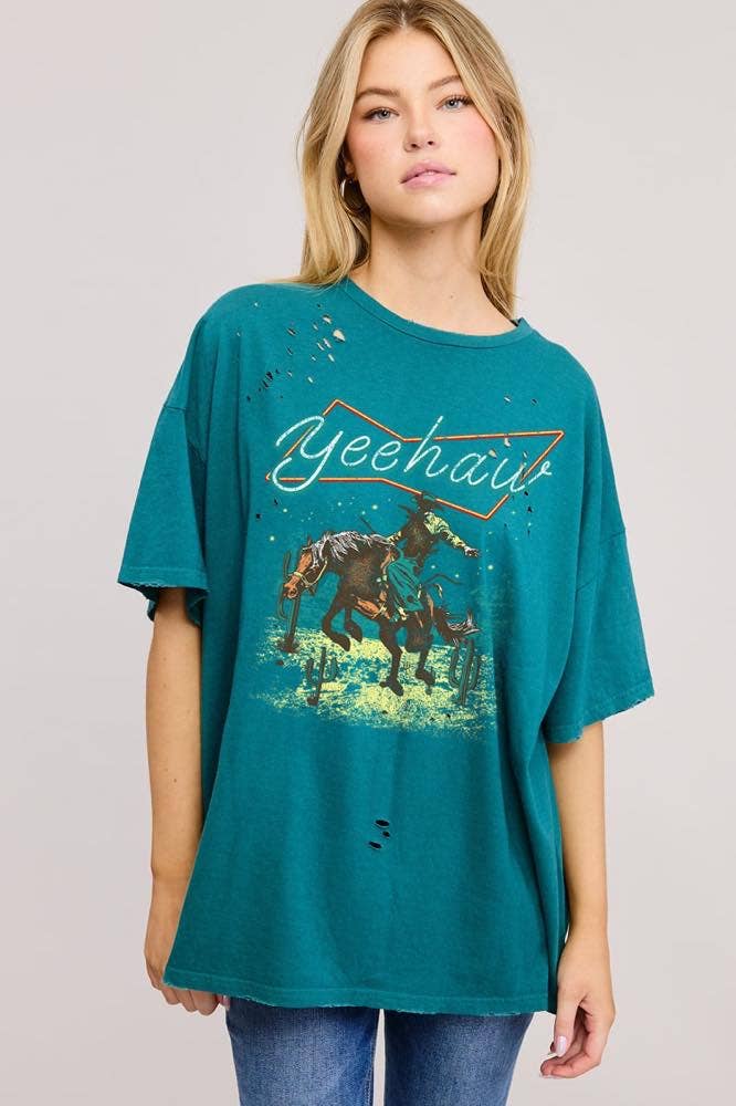 Zutter - Wholesale Screen Printed T-Shirt - Women's - Yee Haw Cowboy Graphic S/S Oversized Seamless Tee ZO